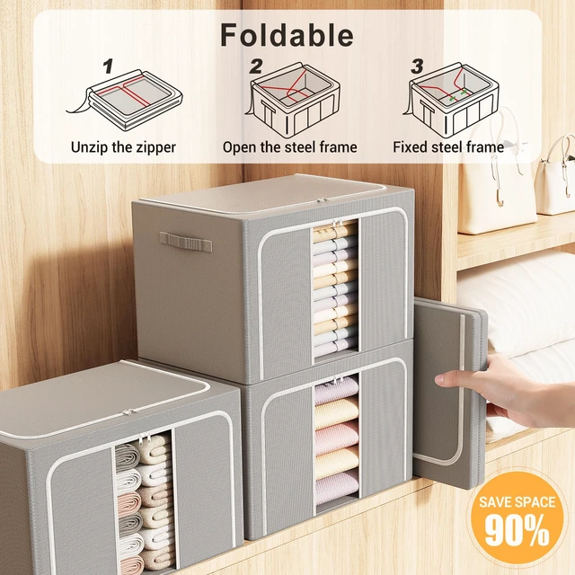 Alt view image 4 of 7 - Clothes Storage Bins with Metal Frame Foldable Storage Box Clothes Organizers Storage Containers for Clothes Sheets Blankets Books Toys Gifts and Holiday Decorations (24Lx3 Pack)