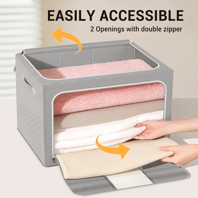 Alt view image 5 of 7 - Clothes Storage Bins with Metal Frame Foldable Storage Box Clothes Organizers Storage Containers for Clothes Sheets Blankets Books Toys Gifts and Holiday Decorations (24Lx3 Pack)