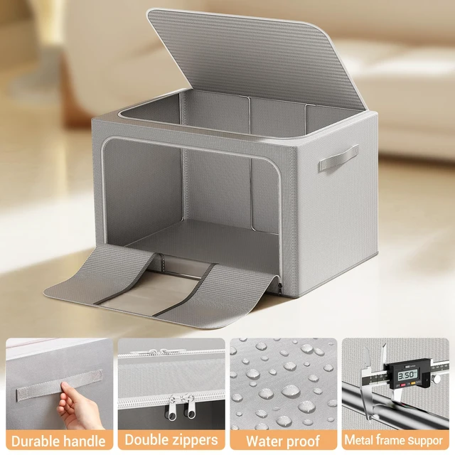 Alt view image 6 of 7 - Clothes Storage Bins with Metal Frame Foldable Storage Box Clothes Organizers Storage Containers for Clothes Sheets Blankets Books Toys Gifts and Holiday Decorations (24Lx3 Pack)