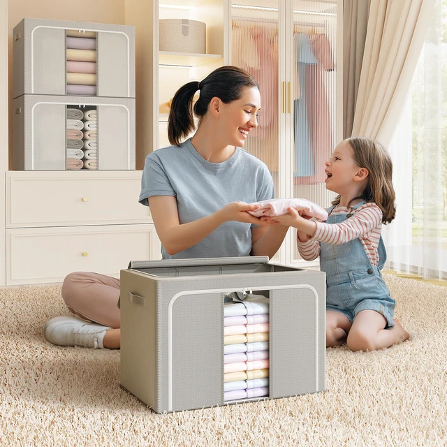 Alt view image 7 of 7 - Clothes Storage Bins with Metal Frame Foldable Storage Box Clothes Organizers Storage Containers for Clothes Sheets Blankets Books Toys Gifts and Holiday Decorations (24Lx3 Pack)