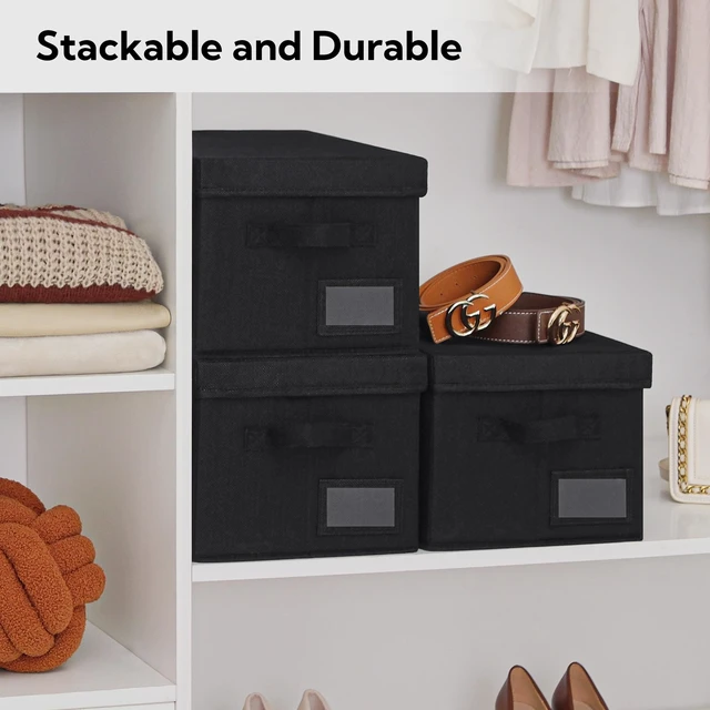 Alt view image 2 of 7 - Storage Bins with Lids, Decorative Storage Boxes with Lids | Storage Box with Dust Cover, Handles & Lable, Collapsible, Ideal for Closet Clothes Blanket Toys, Medium, Black, 3-Pack