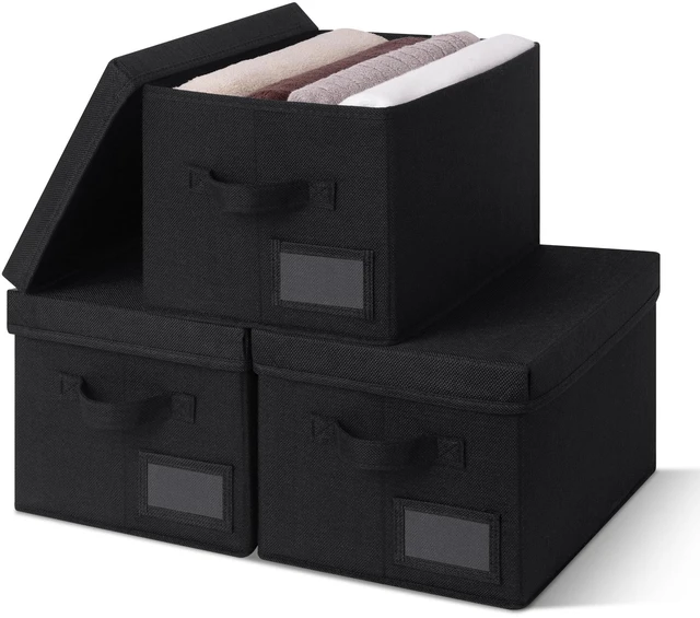 Main image of Storage Bins with Lids, Decorative Storage Boxes with Lids | Storage Box with Dust Cover, Handles & Lable, Collapsible, Ideal for Closet Clothes Blanket Toys, Medium, Black, 3-Pack