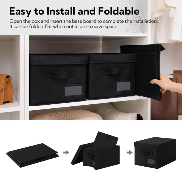Alt view image 3 of 7 - Storage Bins with Lids, Decorative Storage Boxes with Lids | Storage Box with Dust Cover, Handles & Lable, Collapsible, Ideal for Closet Clothes Blanket Toys, Medium, Black, 3-Pack