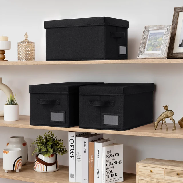 Alt view image 6 of 7 - Storage Bins with Lids, Decorative Storage Boxes with Lids | Storage Box with Dust Cover, Handles & Lable, Collapsible, Ideal for Closet Clothes Blanket Toys, Medium, Black, 3-Pack