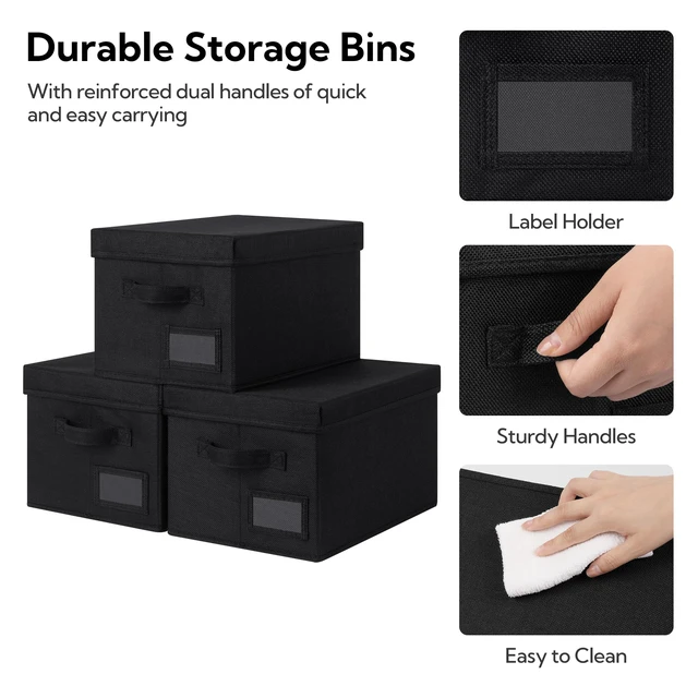 Alt view image 4 of 7 - Storage Bins with Lids, Decorative Storage Boxes with Lids | Storage Box with Dust Cover, Handles & Lable, Collapsible, Ideal for Closet Clothes Blanket Toys, Medium, Black, 3-Pack