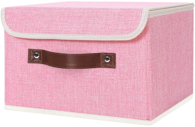 Main image of Fabric Storage Box Bins with Lids, Pink, 10"x8"x7" | Keepsake Memory Storage, Cotton Linen, PP Board Reinforced, Washable, PU Handles, Foldable & Stackable, Decorative, Small