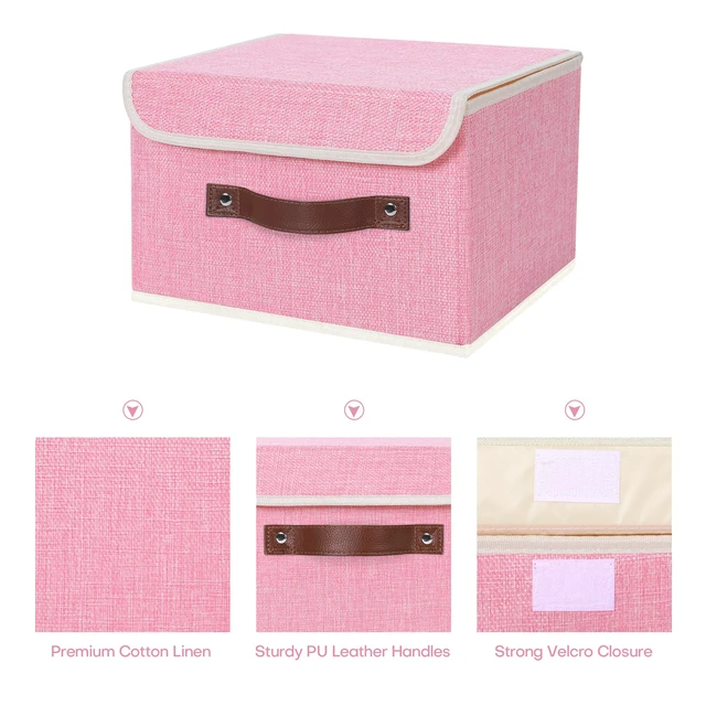 Alt view image 3 of 7 - Fabric Storage Box Bins with Lids, Pink, 10"x8"x7" | Keepsake Memory Storage, Cotton Linen, PP Board Reinforced, Washable, PU Handles, Foldable & Stackable, Decorative, Small