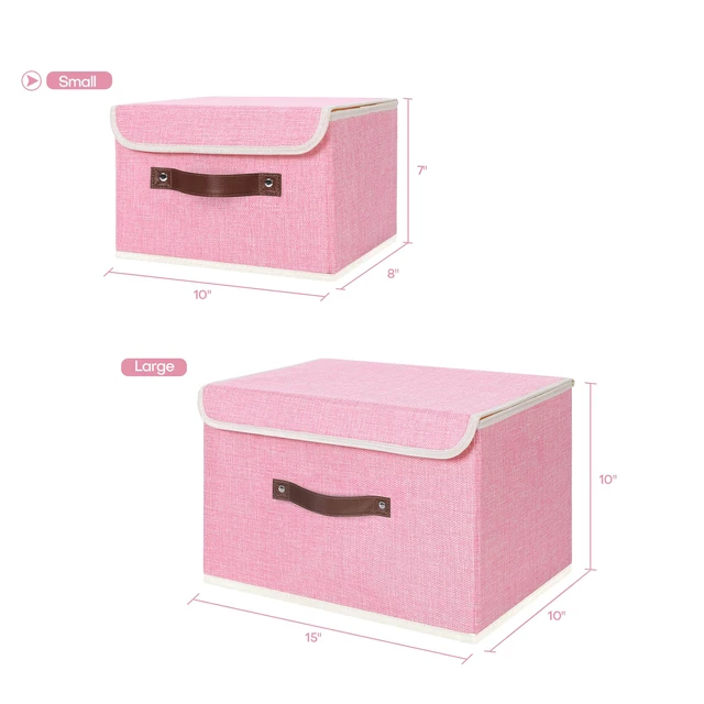 Alt view image 5 of 7 - Fabric Storage Box Bins with Lids, Pink, 10"x8"x7" | Keepsake Memory Storage, Cotton Linen, PP Board Reinforced, Washable, PU Handles, Foldable & Stackable, Decorative, Small