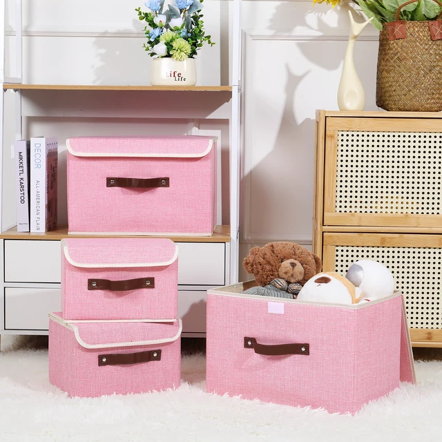 Alt view image 7 of 7 - Fabric Storage Box Bins with Lids, Pink, 10"x8"x7" | Keepsake Memory Storage, Cotton Linen, PP Board Reinforced, Washable, PU Handles, Foldable & Stackable, Decorative, Small