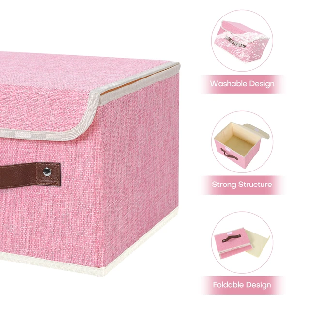 Alt view image 4 of 7 - Fabric Storage Box Bins with Lids, Pink, 10"x8"x7" | Keepsake Memory Storage, Cotton Linen, PP Board Reinforced, Washable, PU Handles, Foldable & Stackable, Decorative, Small