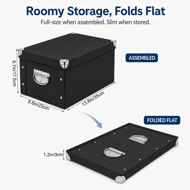 Alt view image 2 of 7 - Collapsible Storage Box, Decorative Memory Box with Lid & Metal Reinforced Corners, Cardboard File Bin with Handles, Organizer Gift Box for Keepsake Toy Photos Office Nursery Wardrobe Bookshelf