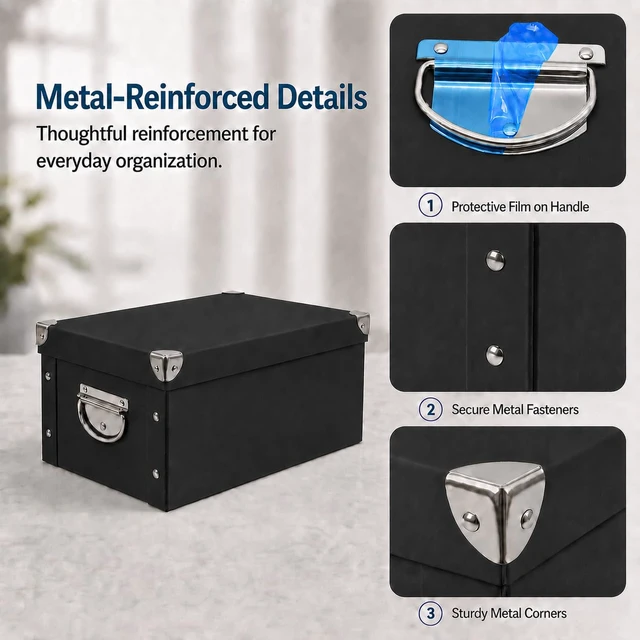 Alt view image 3 of 7 - Collapsible Storage Box, Decorative Memory Box with Lid & Metal Reinforced Corners, Cardboard File Bin with Handles, Organizer Gift Box for Keepsake Toy Photos Office Nursery Wardrobe Bookshelf