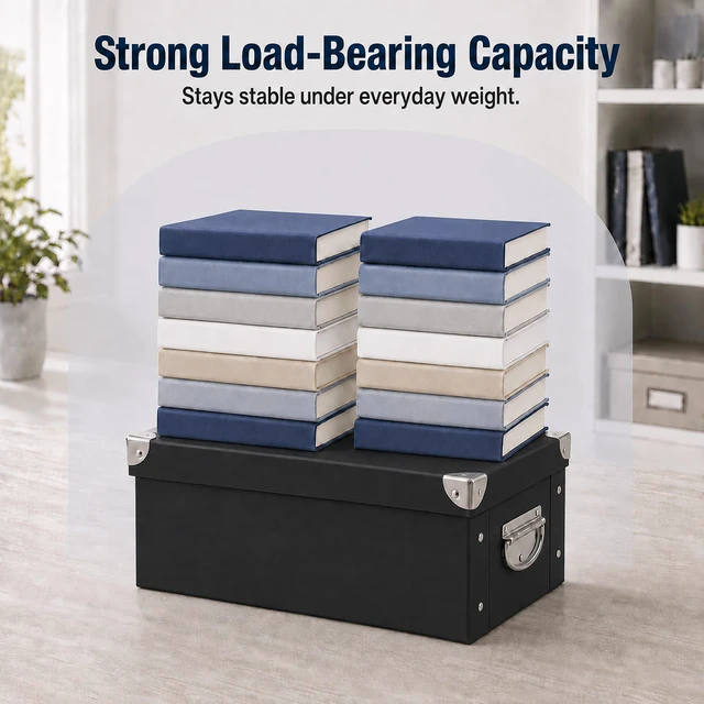 Alt view image 5 of 7 - Collapsible Storage Box, Decorative Memory Box with Lid & Metal Reinforced Corners, Cardboard File Bin with Handles, Organizer Gift Box for Keepsake Toy Photos Office Nursery Wardrobe Bookshelf