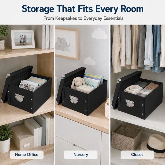 Alt view image 6 of 7 - Collapsible Storage Box, Decorative Memory Box with Lid & Metal Reinforced Corners, Cardboard File Bin with Handles, Organizer Gift Box for Keepsake Toy Photos Office Nursery Wardrobe Bookshelf