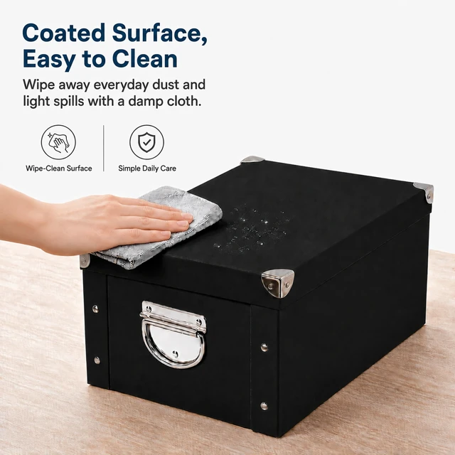 Alt view image 4 of 7 - Collapsible Storage Box, Decorative Memory Box with Lid & Metal Reinforced Corners, Cardboard File Bin with Handles, Organizer Gift Box for Keepsake Toy Photos Office Nursery Wardrobe Bookshelf