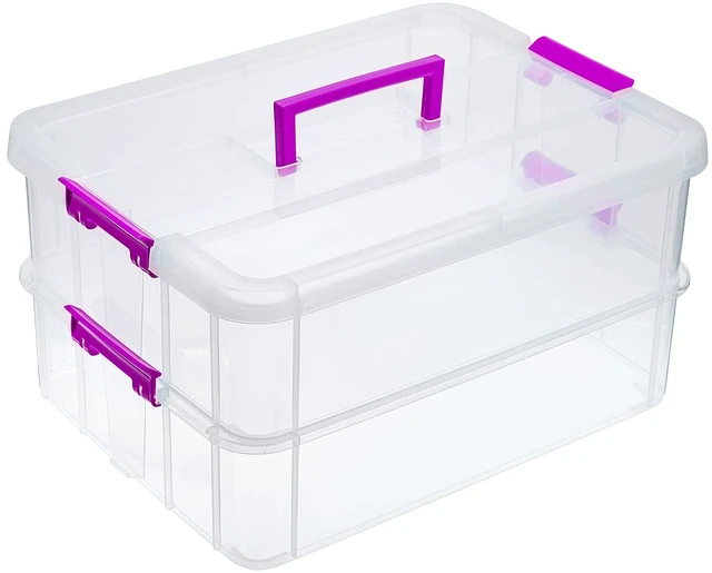 Main image of 2-Tiers Plastic Stack Carry Storage Containers Box wih Handle Lids | Clear Stackable Latching Craft Storage Bin for School Office, Organizing Stationery, Sewing, Art Craft, DIY Supplies, Purple
