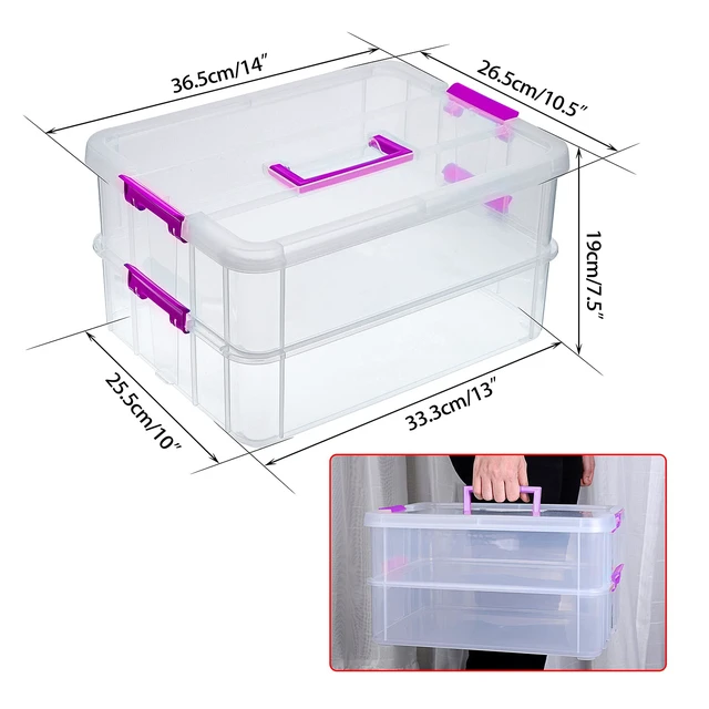 Alt view image 2 of 7 - 2-Tiers Plastic Stack Carry Storage Containers Box wih Handle Lids | Clear Stackable Latching Craft Storage Bin for School Office, Organizing Stationery, Sewing, Art Craft, DIY Supplies, Purple