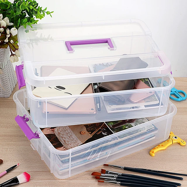 Alt view image 6 of 7 - 2-Tiers Plastic Stack Carry Storage Containers Box wih Handle Lids | Clear Stackable Latching Craft Storage Bin for School Office, Organizing Stationery, Sewing, Art Craft, DIY Supplies, Purple
