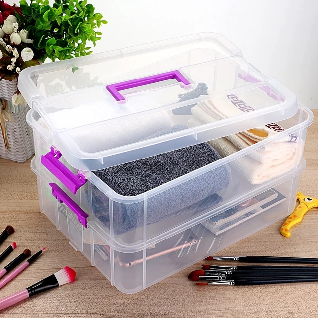 Alt view image 7 of 7 - 2-Tiers Plastic Stack Carry Storage Containers Box wih Handle Lids | Clear Stackable Latching Craft Storage Bin for School Office, Organizing Stationery, Sewing, Art Craft, DIY Supplies, Purple