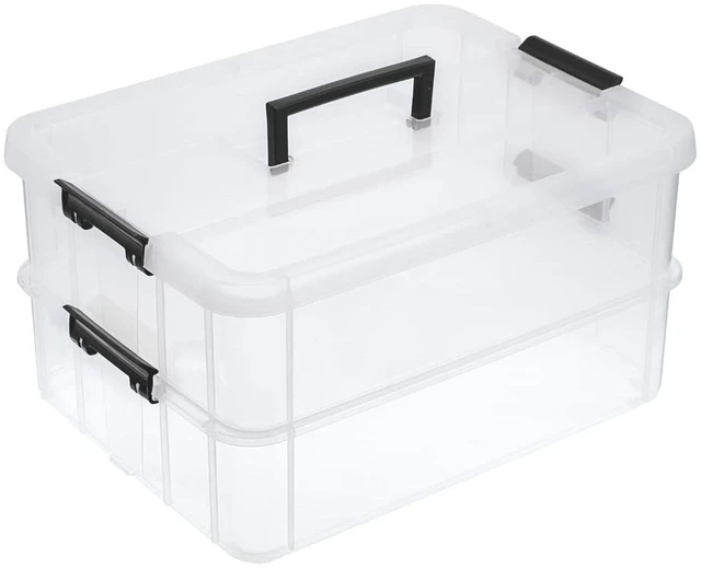 Main image of 2 Layer Stack & Carry Box, Plastic Storage Container Box with Lid | Multipurpose Craft Organizers and Storage for Organizing Stationery, Sewing, Art Craft, Jewelry & Beauty Supplies, Black