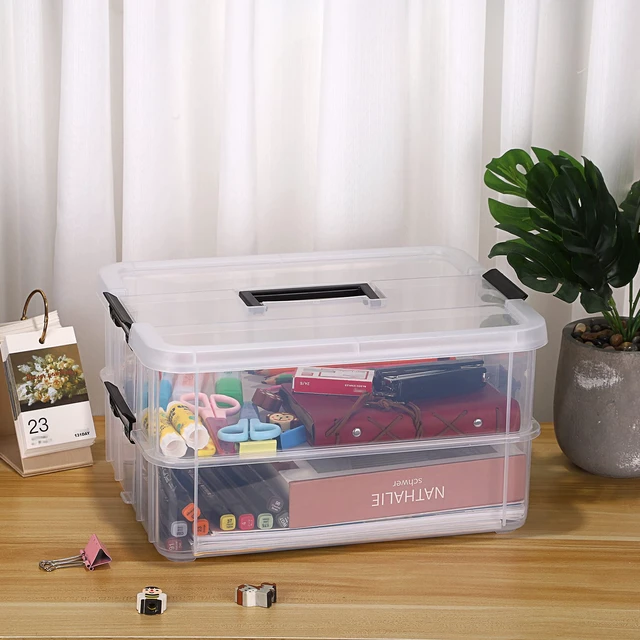 Alt view image 5 of 7 - 2 Layer Stack & Carry Box, Plastic Storage Container Box with Lid | Multipurpose Craft Organizers and Storage for Organizing Stationery, Sewing, Art Craft, Jewelry & Beauty Supplies, Black