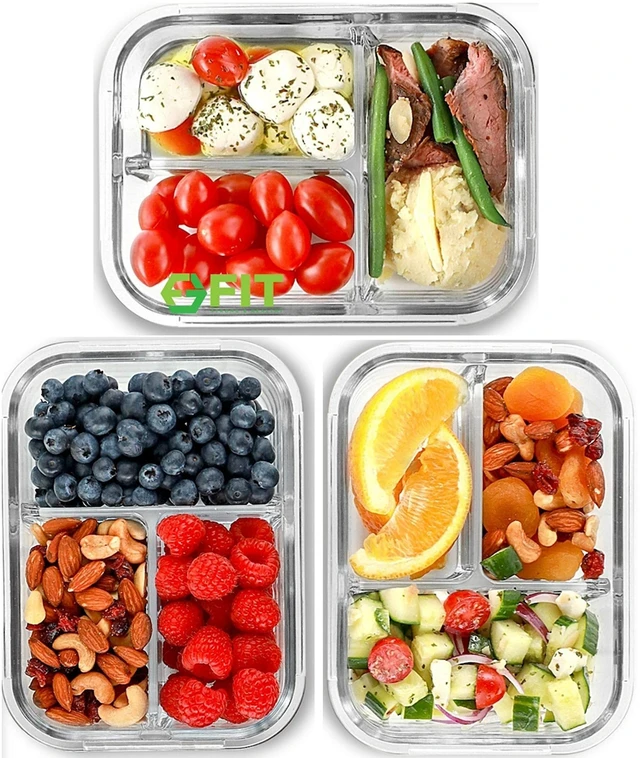 Main image of Glass Meal Prep Containers 3 Compartment, 3 Pack 32 oz Leakproof Lids Blue | Glass Bento Box for Portion Control, Airtight Snap-Lock, BPA-Free, Microwave Oven Freezer Dishwasher Safe Lunch Containers