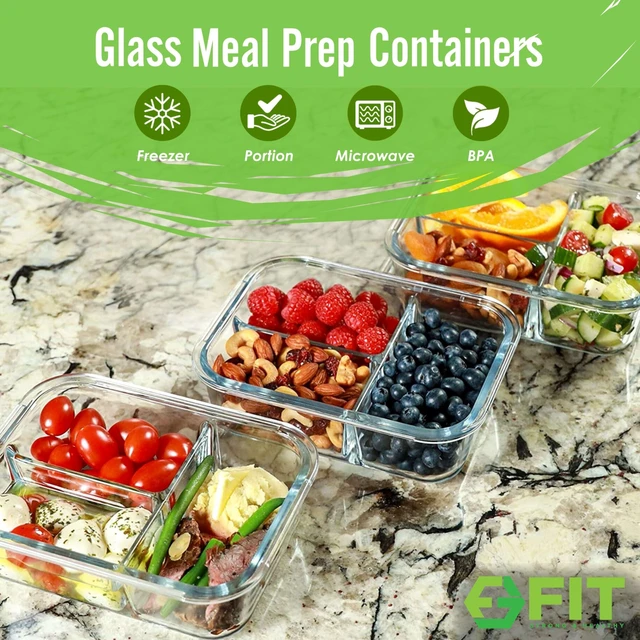 Alt view image 2 of 7 - Glass Meal Prep Containers 3 Compartment, 3 Pack 32 oz Leakproof Lids Blue | Glass Bento Box for Portion Control, Airtight Snap-Lock, BPA-Free, Microwave Oven Freezer Dishwasher Safe Lunch Containers