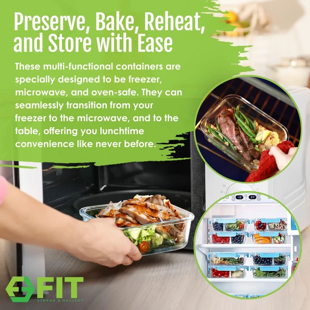 Alt view image 5 of 7 - Glass Meal Prep Containers 3 Compartment, 3 Pack 32 oz Leakproof Lids Blue | Glass Bento Box for Portion Control, Airtight Snap-Lock, BPA-Free, Microwave Oven Freezer Dishwasher Safe Lunch Containers