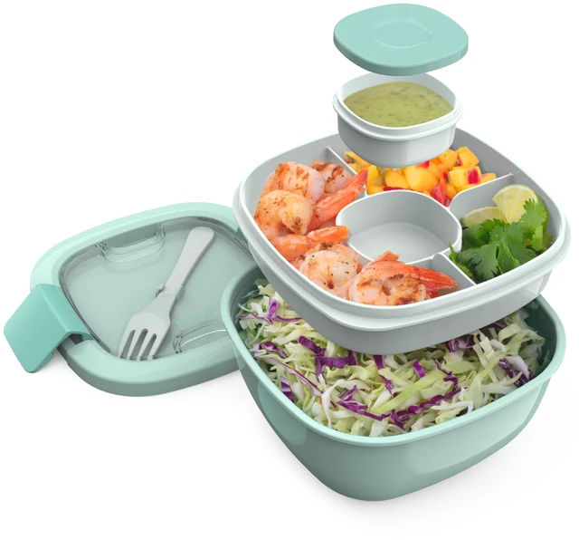 Main image of Salad Container, Lunch Bowl with 4-Compartment Toppings Tray, 54 oz | Leak-Proof Dressing Container, Reusable Fork, BPA-Free, Microwave & Dishwasher Safe (Coastal Aqua)