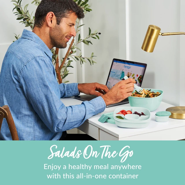 Alt view image 2 of 7 - Salad Container, Lunch Bowl with 4-Compartment Toppings Tray, 54 oz | Leak-Proof Dressing Container, Reusable Fork, BPA-Free, Microwave & Dishwasher Safe (Coastal Aqua)