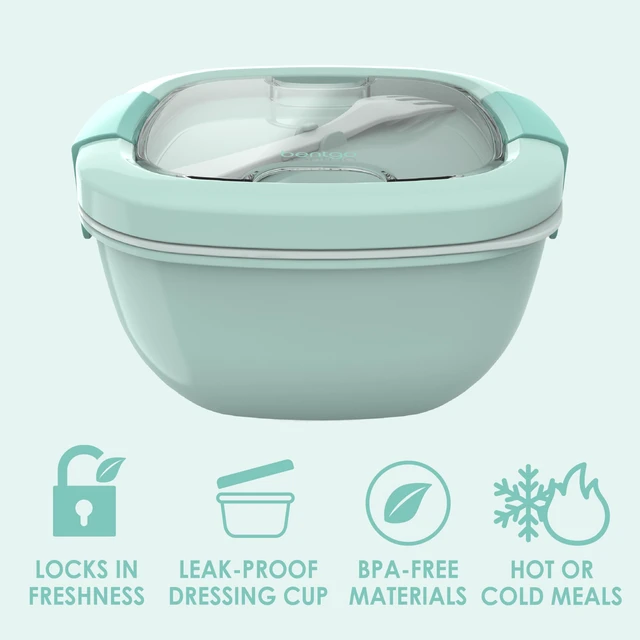Alt view image 3 of 7 - Salad Container, Lunch Bowl with 4-Compartment Toppings Tray, 54 oz | Leak-Proof Dressing Container, Reusable Fork, BPA-Free, Microwave & Dishwasher Safe (Coastal Aqua)