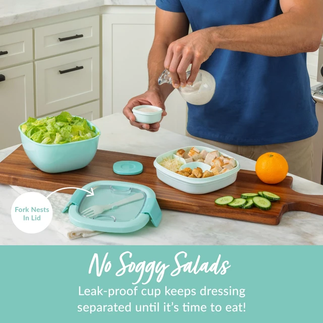 Alt view image 4 of 7 - Salad Container, Lunch Bowl with 4-Compartment Toppings Tray, 54 oz | Leak-Proof Dressing Container, Reusable Fork, BPA-Free, Microwave & Dishwasher Safe (Coastal Aqua)
