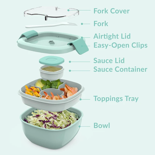 Alt view image 6 of 7 - Salad Container, Lunch Bowl with 4-Compartment Toppings Tray, 54 oz | Leak-Proof Dressing Container, Reusable Fork, BPA-Free, Microwave & Dishwasher Safe (Coastal Aqua)