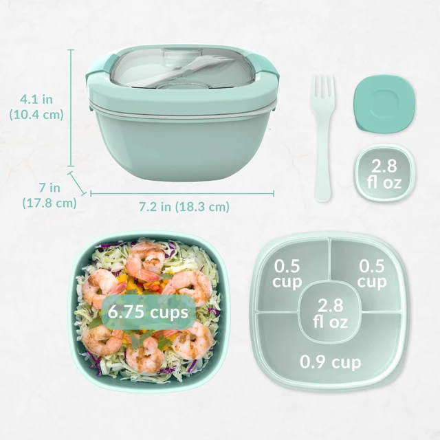 Alt view image 7 of 7 - Salad Container, Lunch Bowl with 4-Compartment Toppings Tray, 54 oz | Leak-Proof Dressing Container, Reusable Fork, BPA-Free, Microwave & Dishwasher Safe (Coastal Aqua)