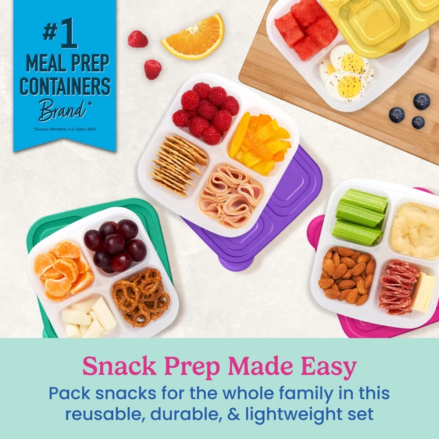 Alt view image 2 of 7 - Easyboxes 4-Compartment Snack Containers - 8-Piece Set with 4 Trays & 4 Custom-Fit Lids to Seal in Freshness - Reusable Food Storage & Meal Prep Bento BPA-Free Containers (Brights 4-Pack)