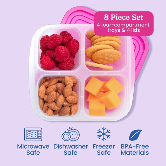 Alt view image 3 of 7 - Easyboxes 4-Compartment Snack Containers - 8-Piece Set with 4 Trays & 4 Custom-Fit Lids to Seal in Freshness - Reusable Food Storage & Meal Prep Bento BPA-Free Containers (Brights 4-Pack)