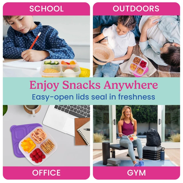 Alt view image 6 of 7 - Easyboxes 4-Compartment Snack Containers - 8-Piece Set with 4 Trays & 4 Custom-Fit Lids to Seal in Freshness - Reusable Food Storage & Meal Prep Bento BPA-Free Containers (Brights 4-Pack)