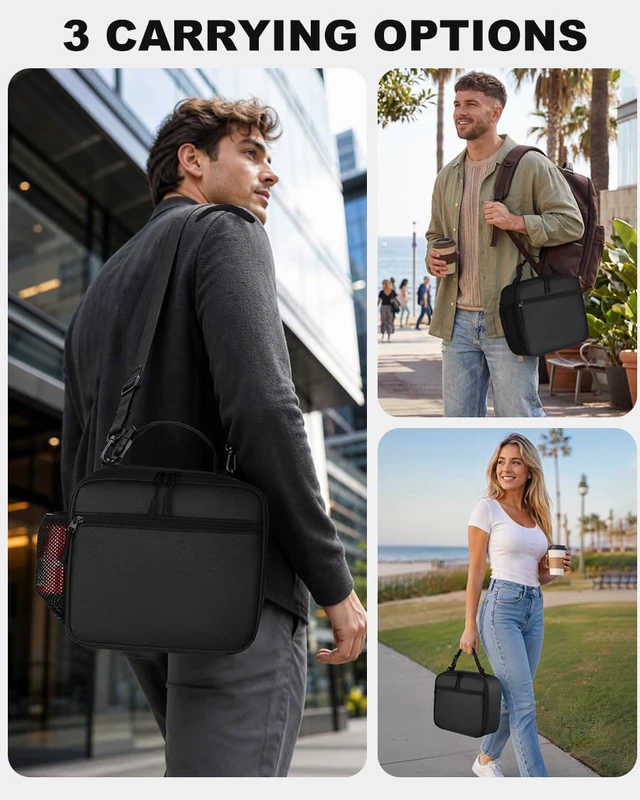 Alt view image 3 of 7 - Insulated Lunch Box for Men Small, Black Mens Lunch Bag with Strap | Compact Lunch Bag for Men Women Adults, Reusable Mens Lunchbox for Work Office Picnic Travel