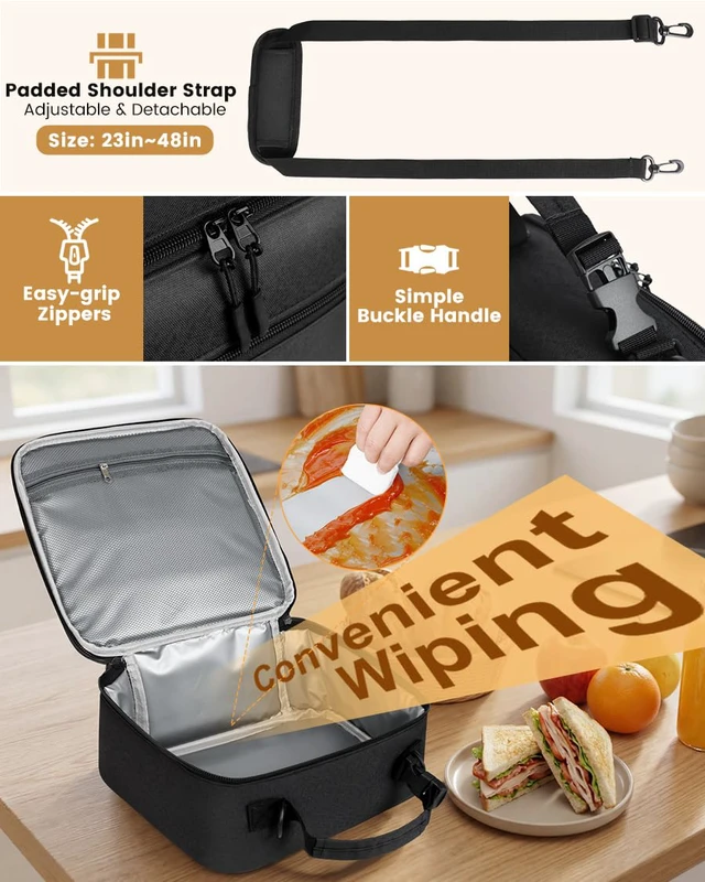 Alt view image 5 of 7 - Insulated Lunch Box for Men Small, Black Mens Lunch Bag with Strap | Compact Lunch Bag for Men Women Adults, Reusable Mens Lunchbox for Work Office Picnic Travel