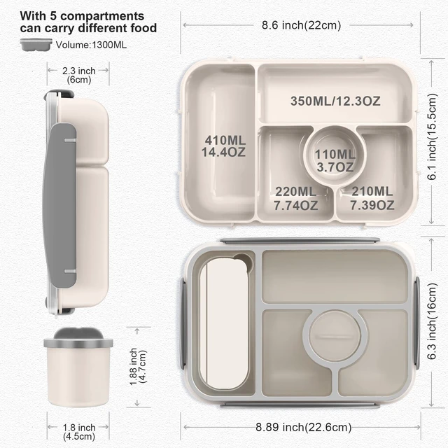 Alt view image 4 of 7 - Bento Box Adult Lunch Box Kids,Lunch Containers for Adults/Kids/Toddler,5 Compartments Bento Lunch Box with Sauce Vontainers,Microwave & Dishwasher & Freezer Safe,BPA-Free (White)