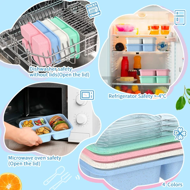 Alt view image 5 of 6 - Large Capacity Bento Box for Adults, 4-Piece Set Stackable Lunch Box with 4 Compartments, Microwave & Dishwasher Safe, Reusable Meal Prep Containers, Snack Containers for Kids & Adults (4 Colors)