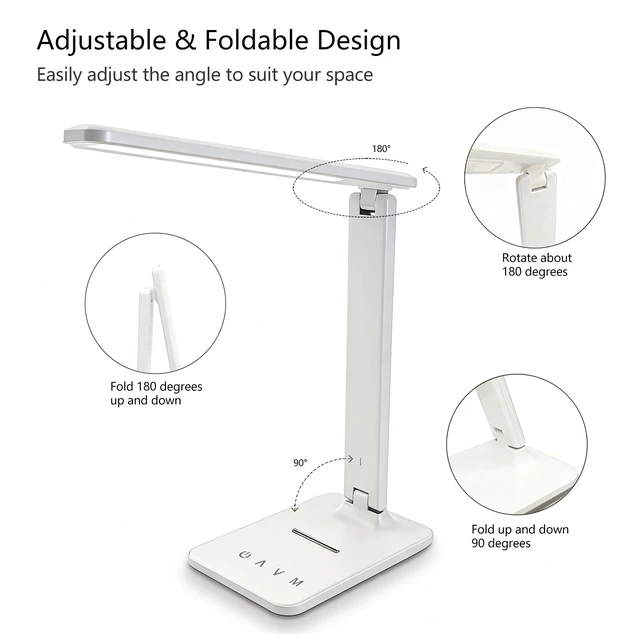Alt view image 5 of 6 - LED Desk Lamp with USB Charging Port, 5 Color Modes & Brightness Levels, Eye-Caring Dimmable, Touch Control, Adjustable Foldable Arm, USB-C Powered