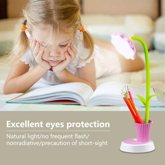 Alt view image 4 of 7 - Desk Lamp for Kids Sunflower LED Charging Table Lamp Support Eye Protection Small Desk Folding for Reading,Study and Office, Adjustable Brightness - Pink