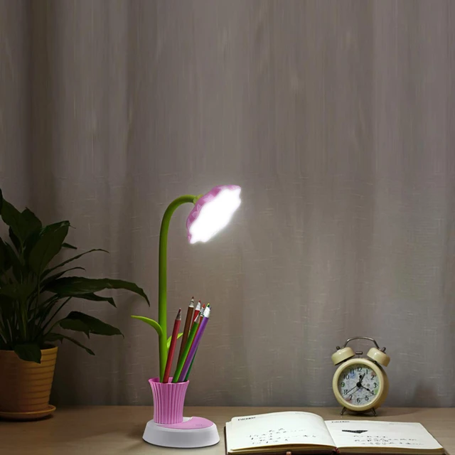 Alt view image 7 of 7 - Desk Lamp for Kids Sunflower LED Charging Table Lamp Support Eye Protection Small Desk Folding for Reading,Study and Office, Adjustable Brightness - Pink