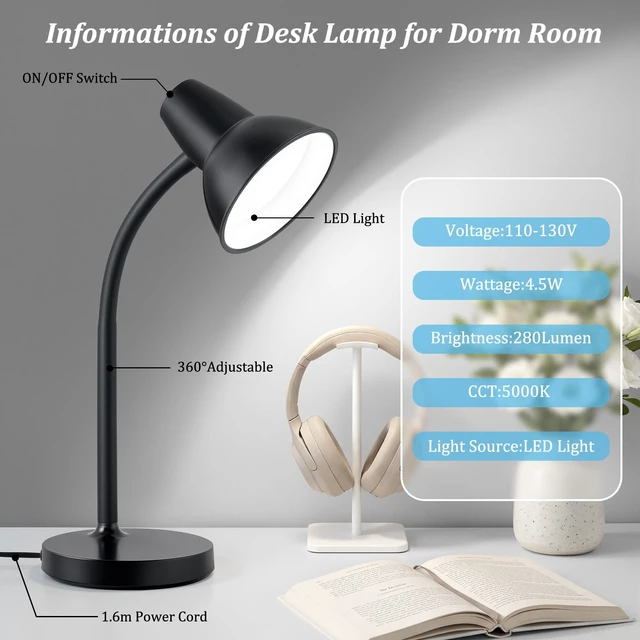 Alt view image 4 of 7 - LED Desk Lamps for Home Office, Flexible Gooseneck Eye-Caring Study Lamps Energy-Saving Desk Light, Anti-tip Heavy Duty Bedside Reading Light, Desk Lamps for College Dorm, Home Office, with 1.6m Cord