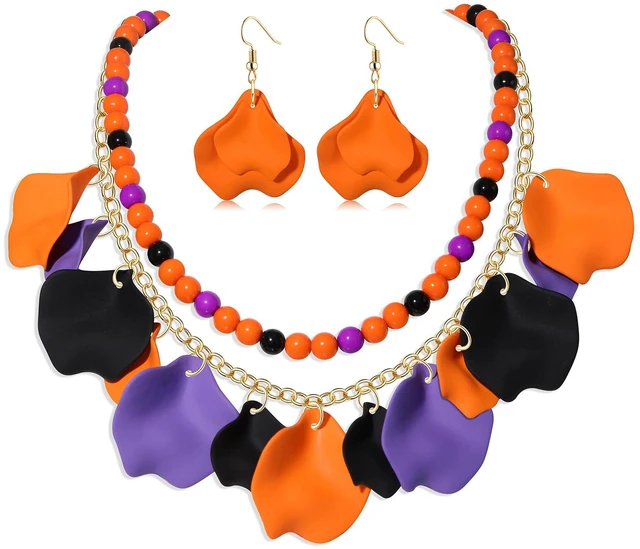 Main image of Halloween Jewelry for Women Flower Petal Necklace Earrings Jewelry Set Halloween Rose Petal Pendant Necklace Oversized Drop Earrings Beaded Chokers Necklaces (Purple Orange Black)