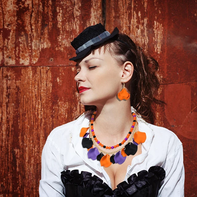 Alt view image 2 of 7 - Halloween Jewelry for Women Flower Petal Necklace Earrings Jewelry Set Halloween Rose Petal Pendant Necklace Oversized Drop Earrings Beaded Chokers Necklaces (Purple Orange Black)