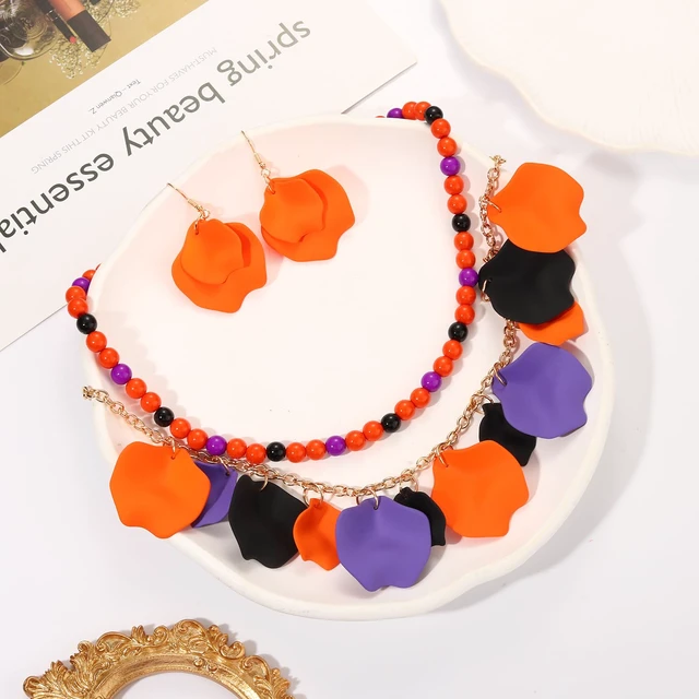 Alt view image 3 of 7 - Halloween Jewelry for Women Flower Petal Necklace Earrings Jewelry Set Halloween Rose Petal Pendant Necklace Oversized Drop Earrings Beaded Chokers Necklaces (Purple Orange Black)