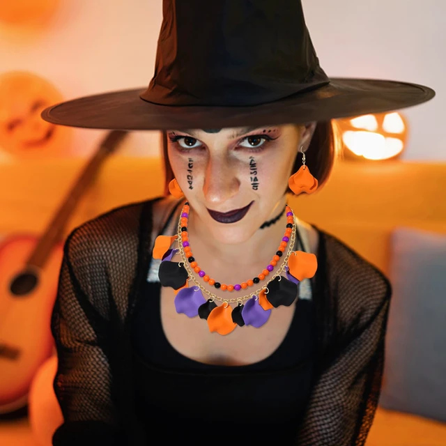 Alt view image 4 of 7 - Halloween Jewelry for Women Flower Petal Necklace Earrings Jewelry Set Halloween Rose Petal Pendant Necklace Oversized Drop Earrings Beaded Chokers Necklaces (Purple Orange Black)