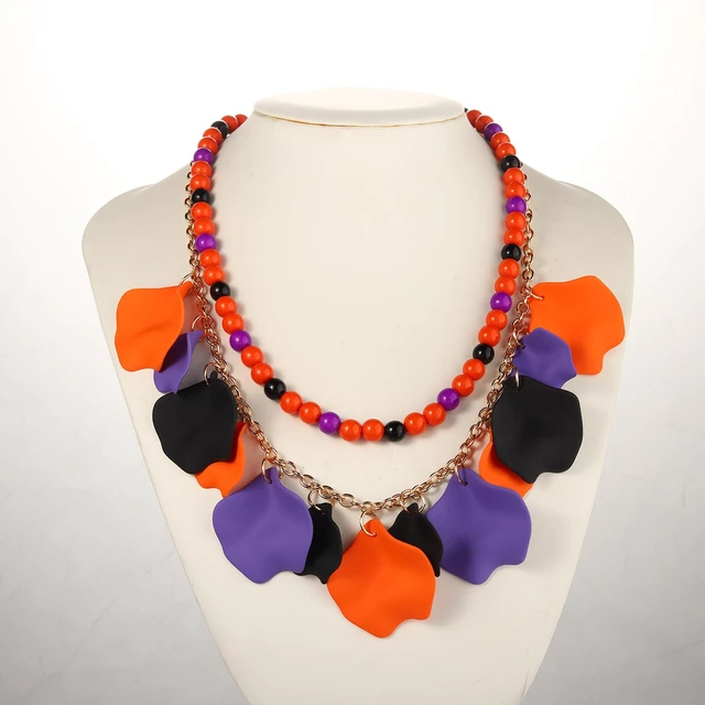 Alt view image 7 of 7 - Halloween Jewelry for Women Flower Petal Necklace Earrings Jewelry Set Halloween Rose Petal Pendant Necklace Oversized Drop Earrings Beaded Chokers Necklaces (Purple Orange Black)